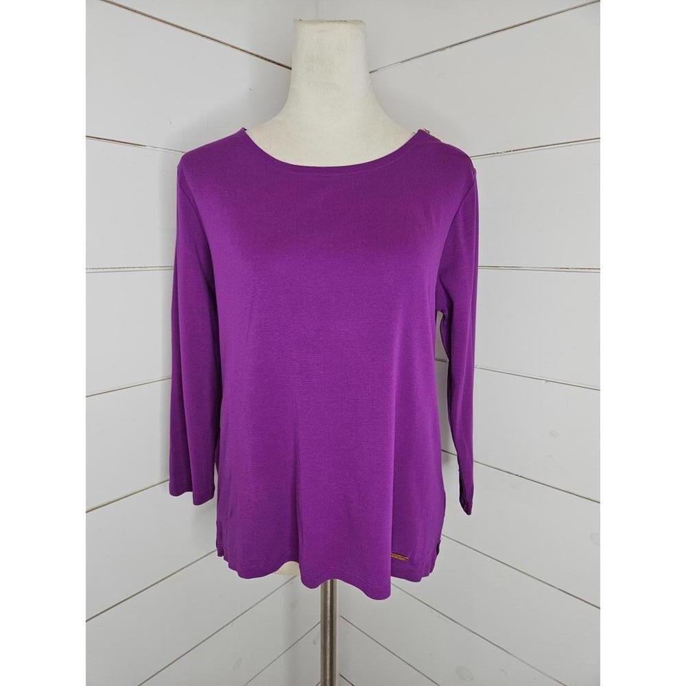 Ellen Tracy Large Purple long sleeve tee shirt with gold zipper accent